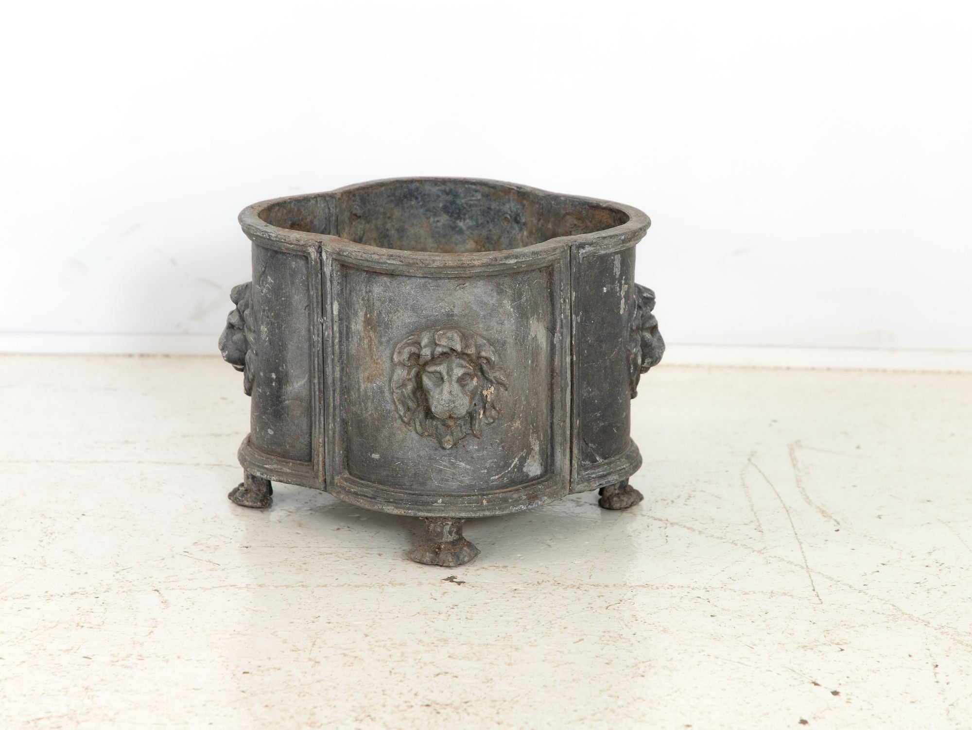 Antique English Lead Quatrefoil Planter with Lion Heads and Paws, 1850s