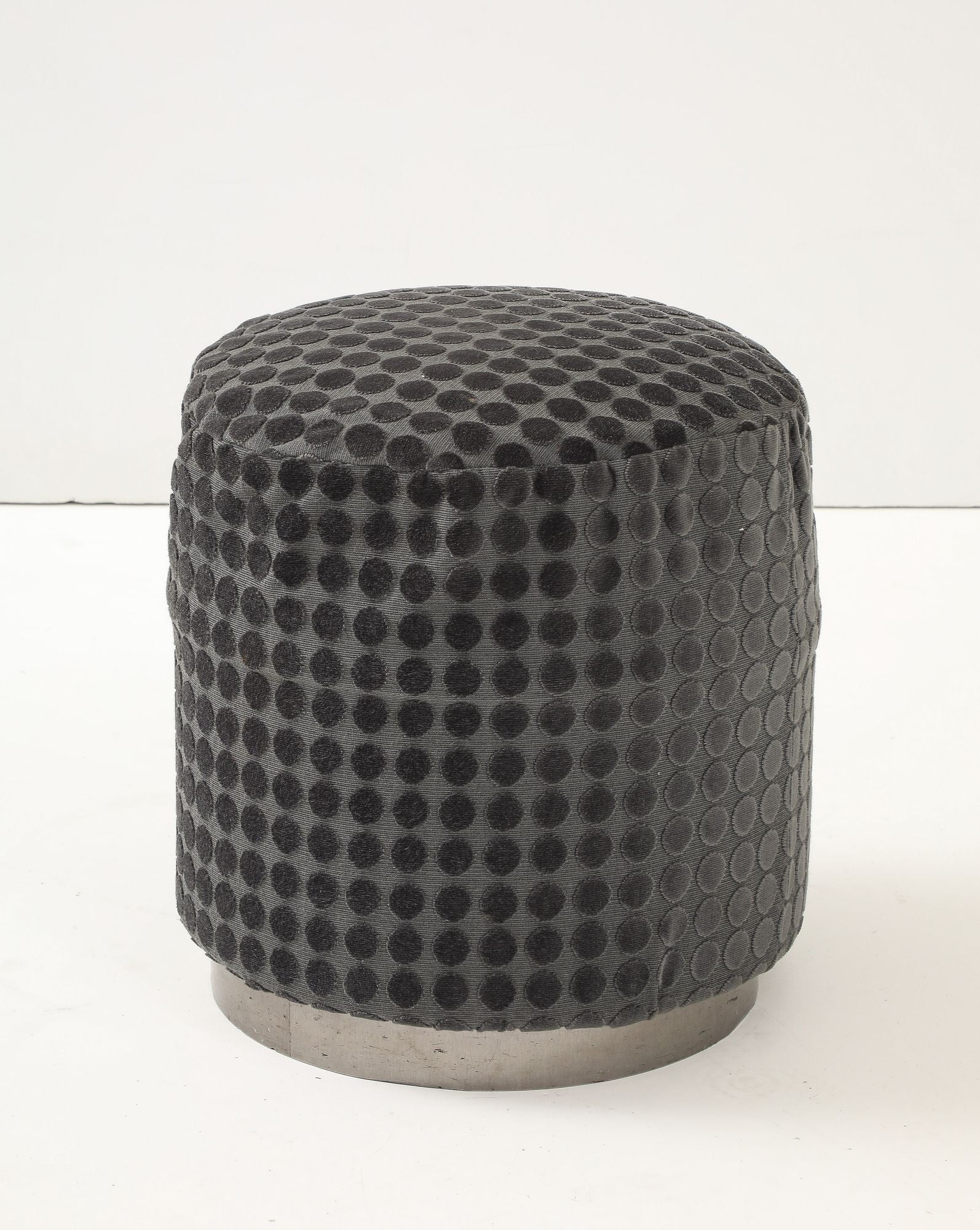 Art Deco Round Textured Ottoman with Metal Base, French 1920s