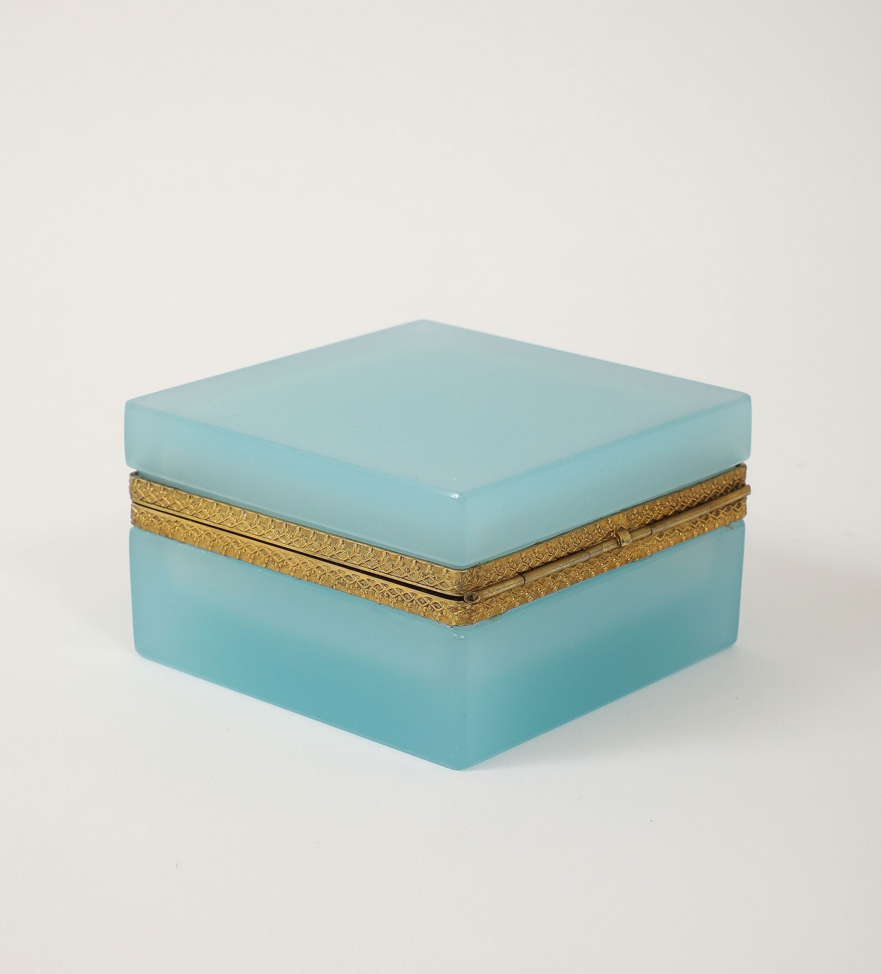 Antique French Robin&#39;s Egg Blue Opaline Square Box with Fancy Mounts, 1900
