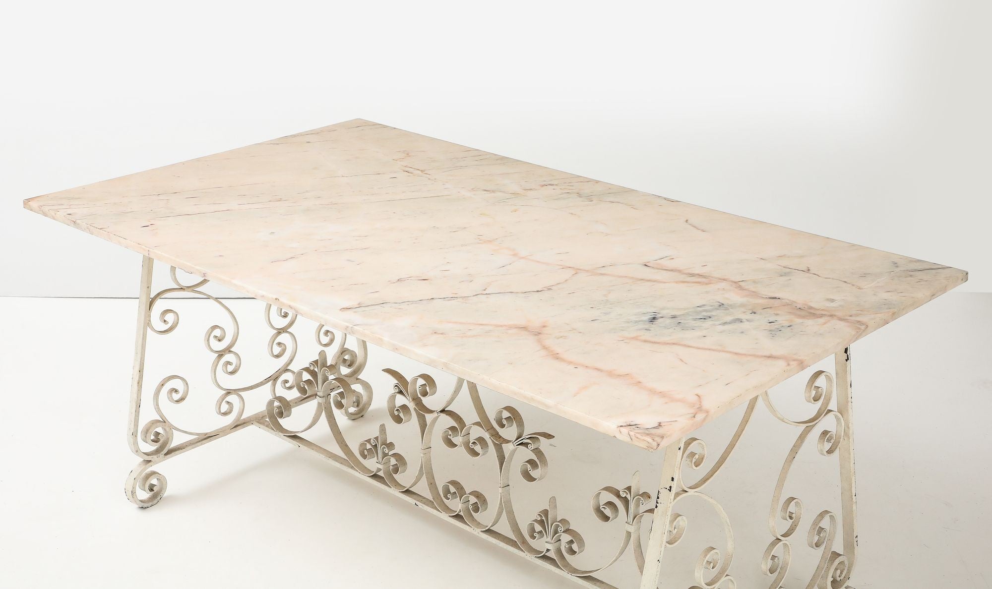 Marble Top Scroll Work Metal Base Dining Table, England Mid 20th C.