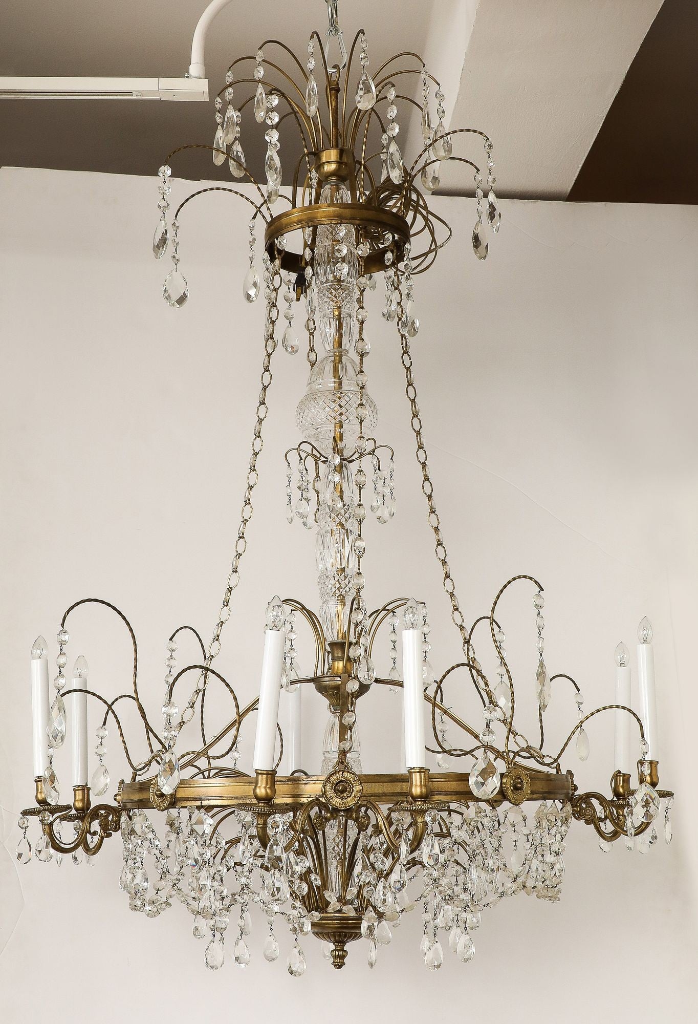 Eight Armed Crystal and Brass Chandelier, Early 20th C.