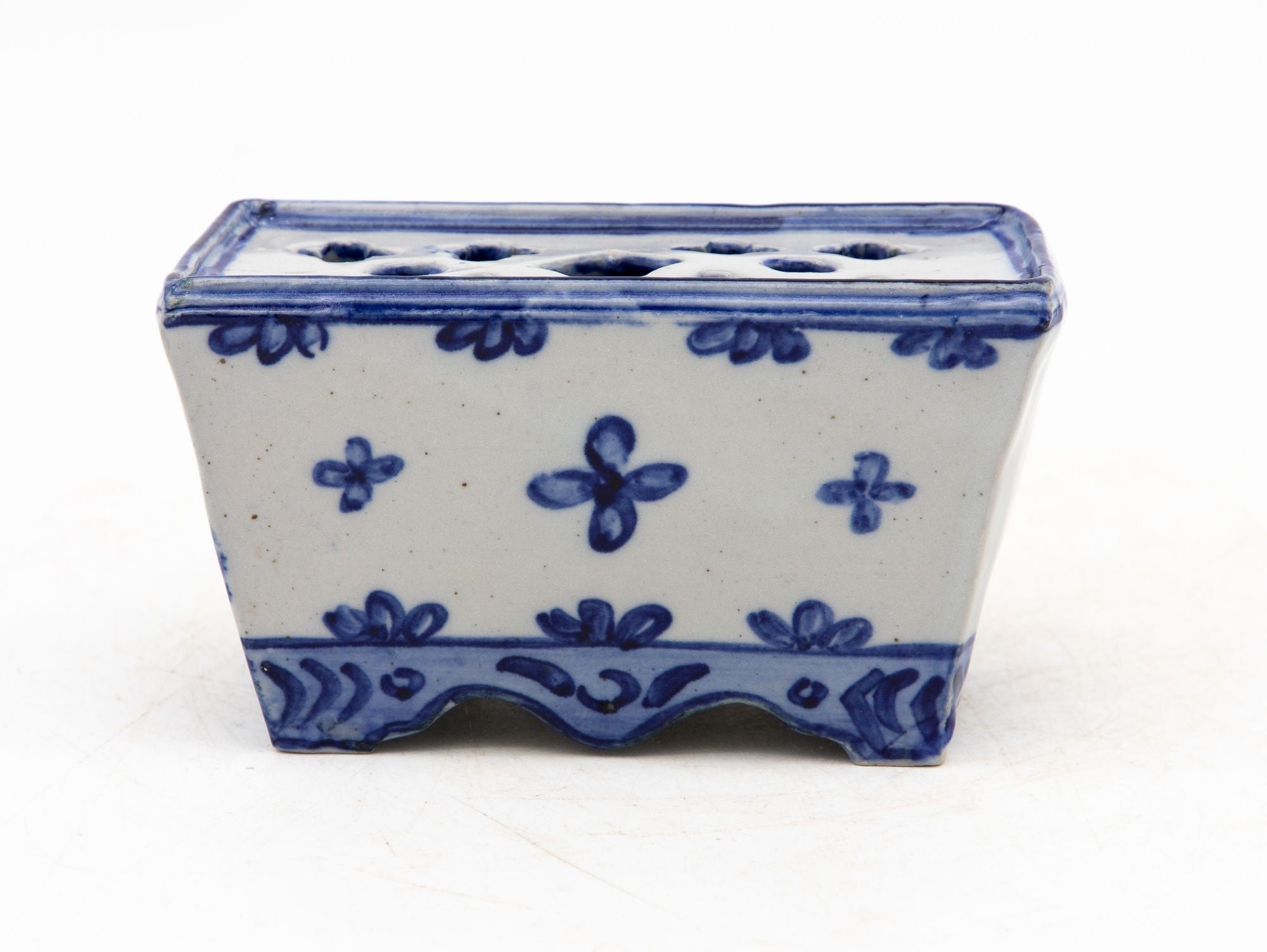 Dutch Delft Style Blue &amp; White Ceramic Flower Brick, France Early 20th C.