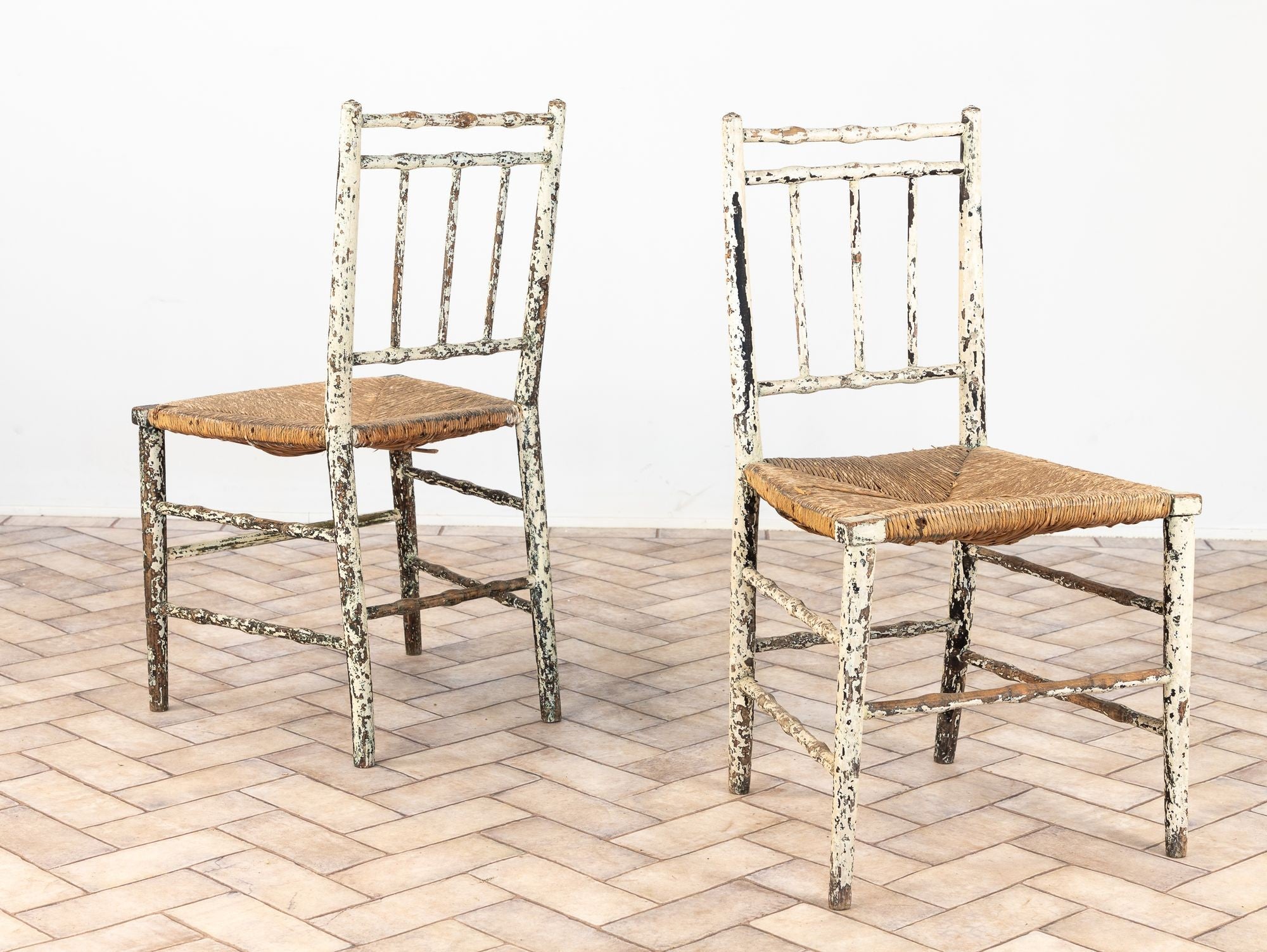 Pair Antique Rush Seat Dining Chairs, England 1920s