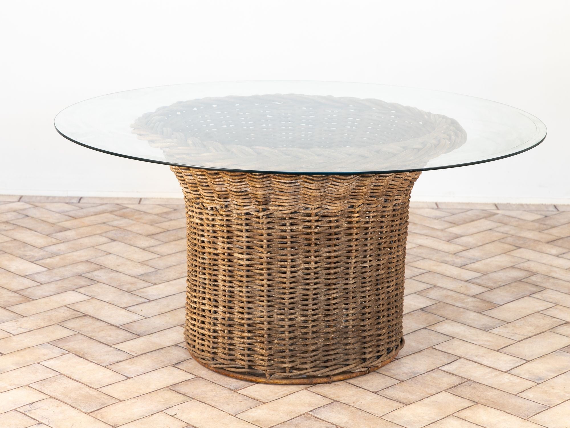 Vintage Round Wicker and Glass Side Table, France 1960s