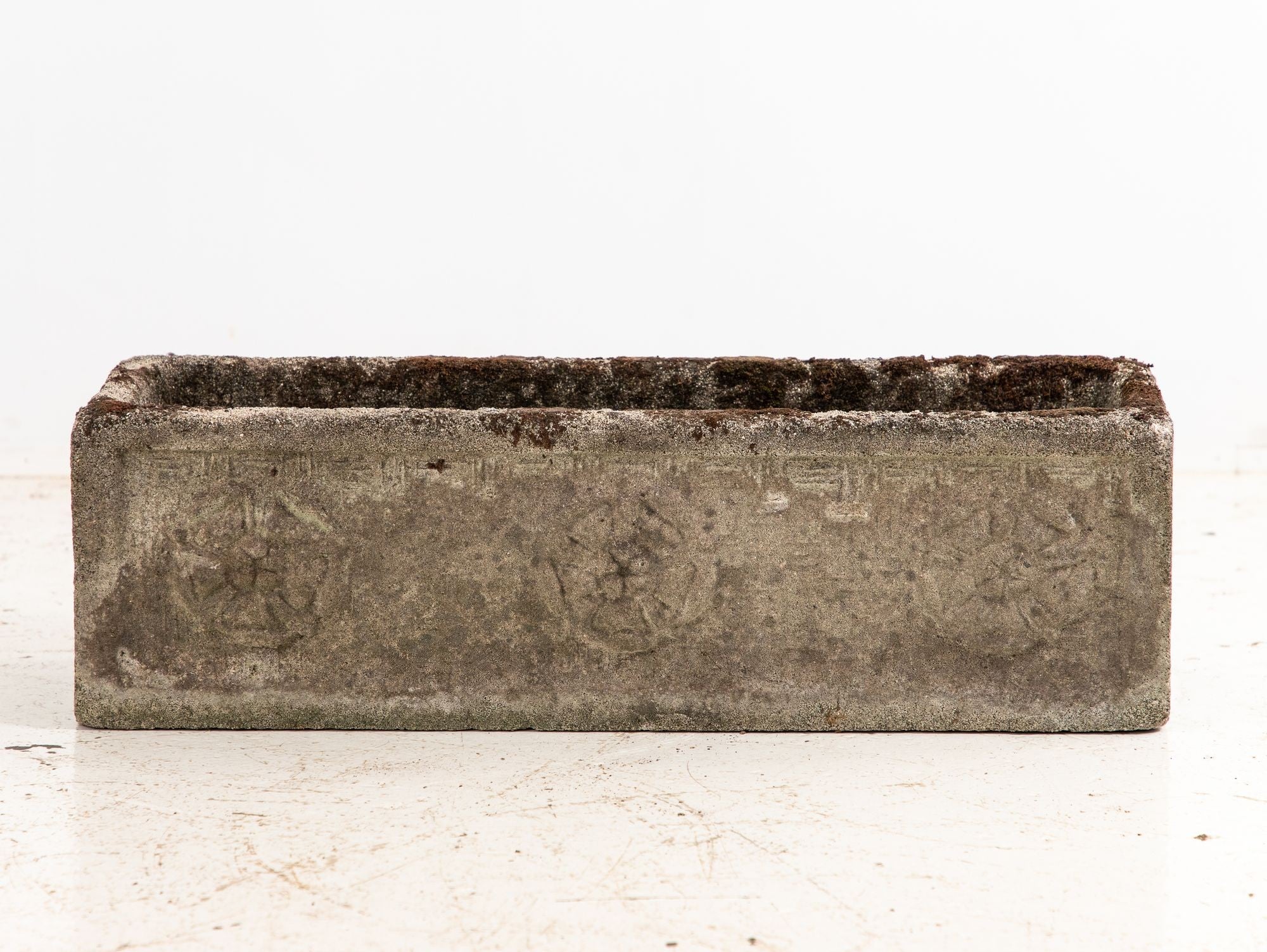 Rectangular Concrete Stone Planter with Tudor Rose Pattern, England mid 20th C.