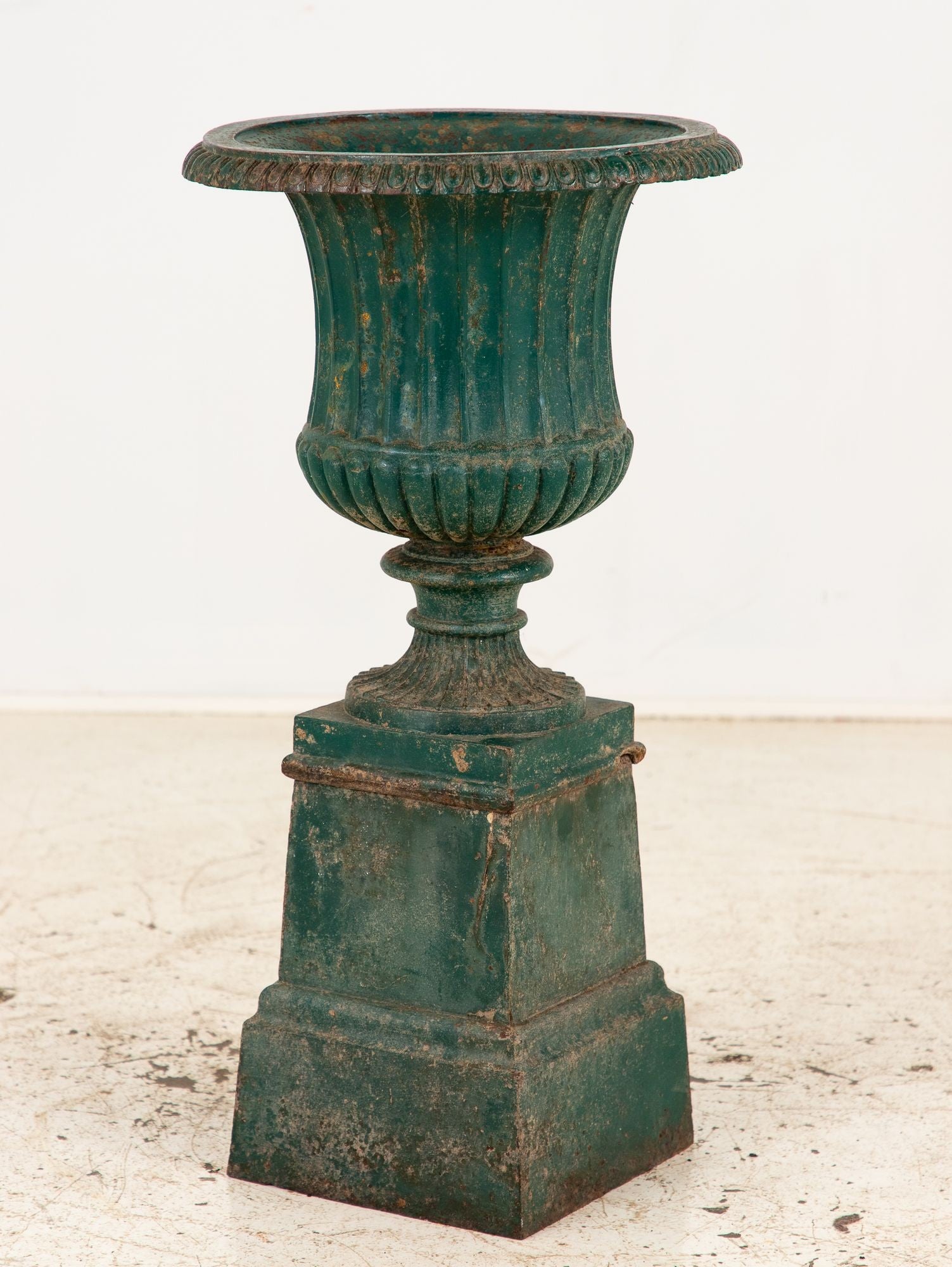 French Neoclassical Style Green Cast Iron Urn on Stand, Mid 20th C.