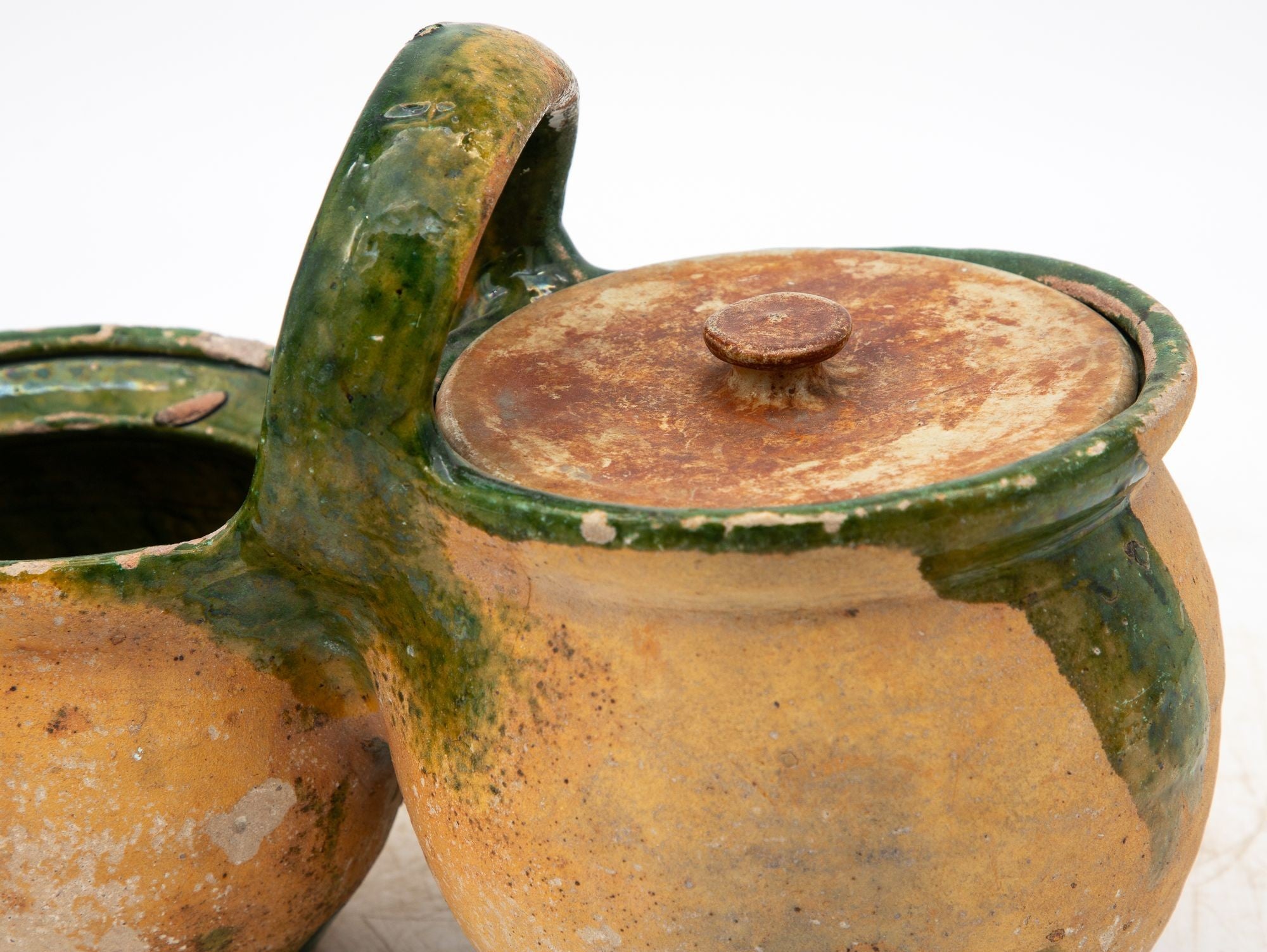Green Glazed Shepherd&#39;s Lunch Holder with Bowls and Handle , France 19th C.