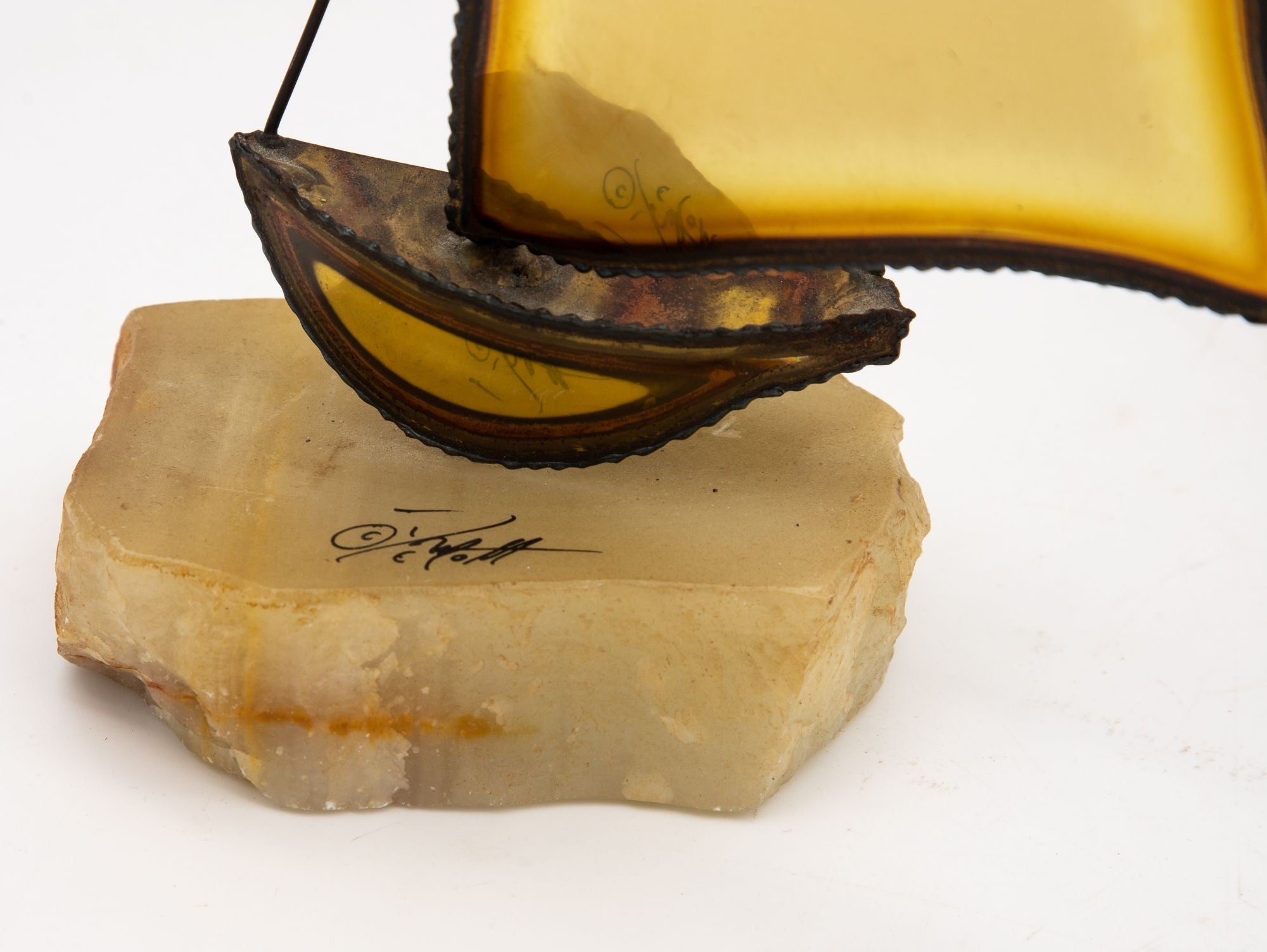 Vintage Brutalist Style Brass Sailboat on Onyx Base, Signed by Demott, 20th Century