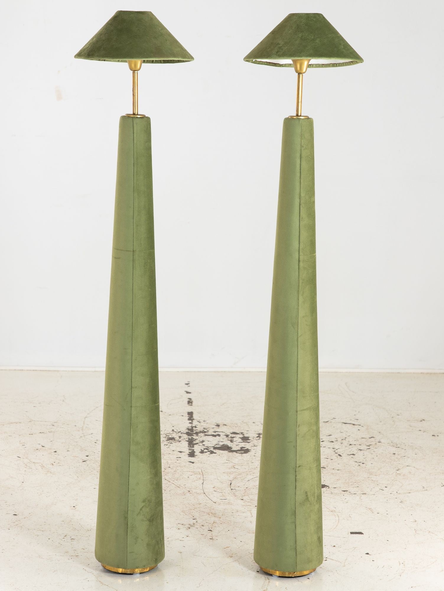 Pair of Moss Green Velvet Floor Lamps, French Late 20th C.