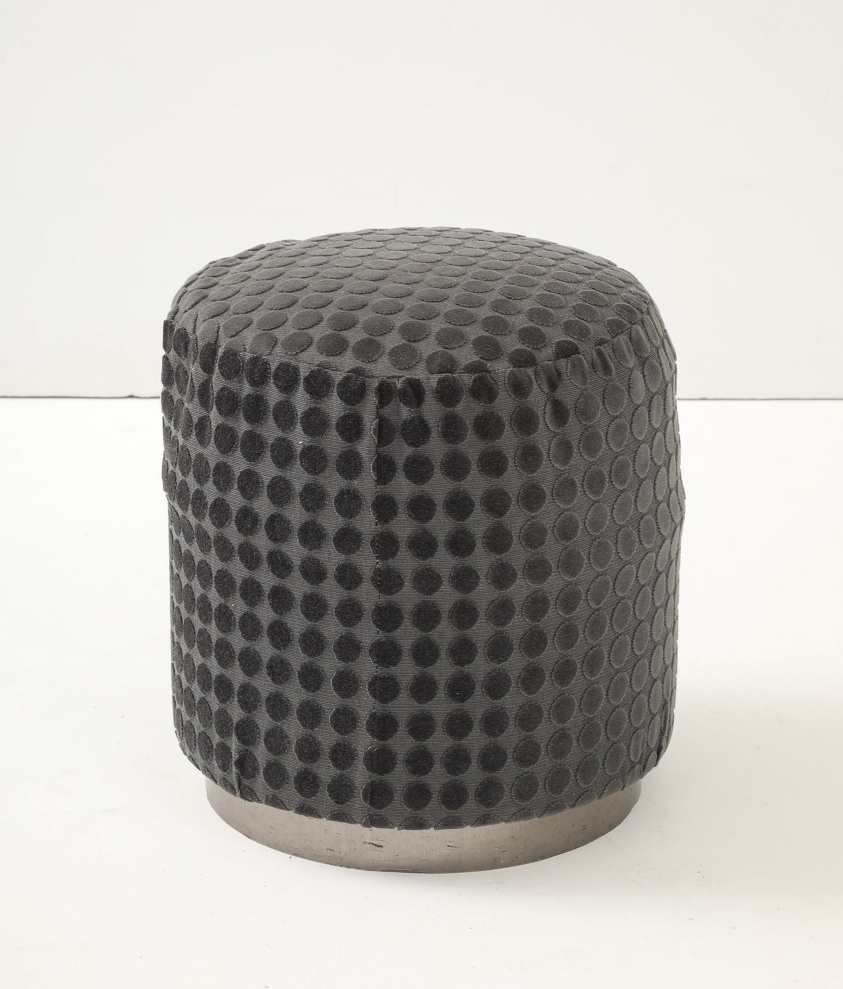 Art Deco Round Textured Ottoman with Metal Base, French 1920s