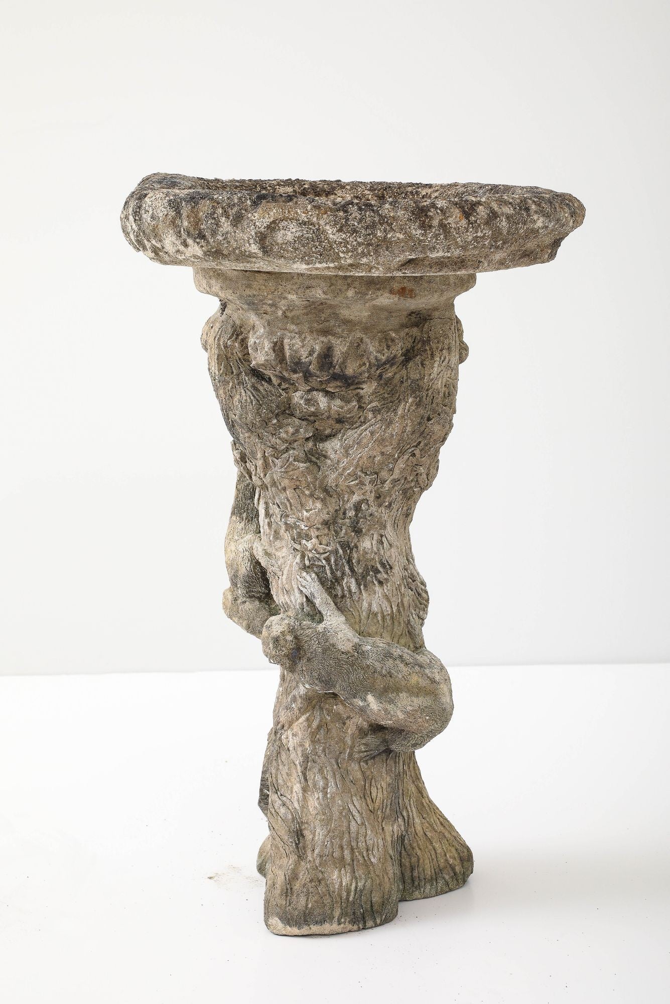 Composite Stone Faux Bois Birdbath with Squirrels Garden Ornament, English 20th C.