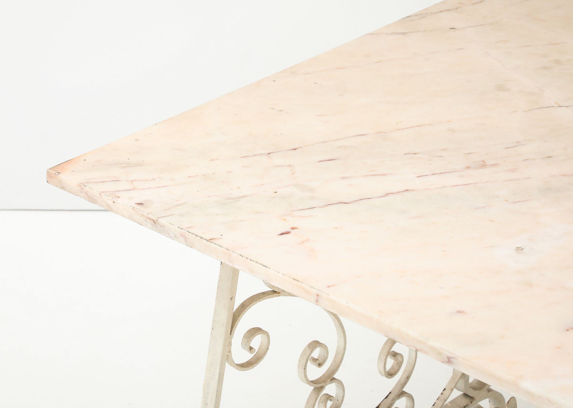 Marble Top Scroll Work Metal Base Dining Table, England Mid 20th C.