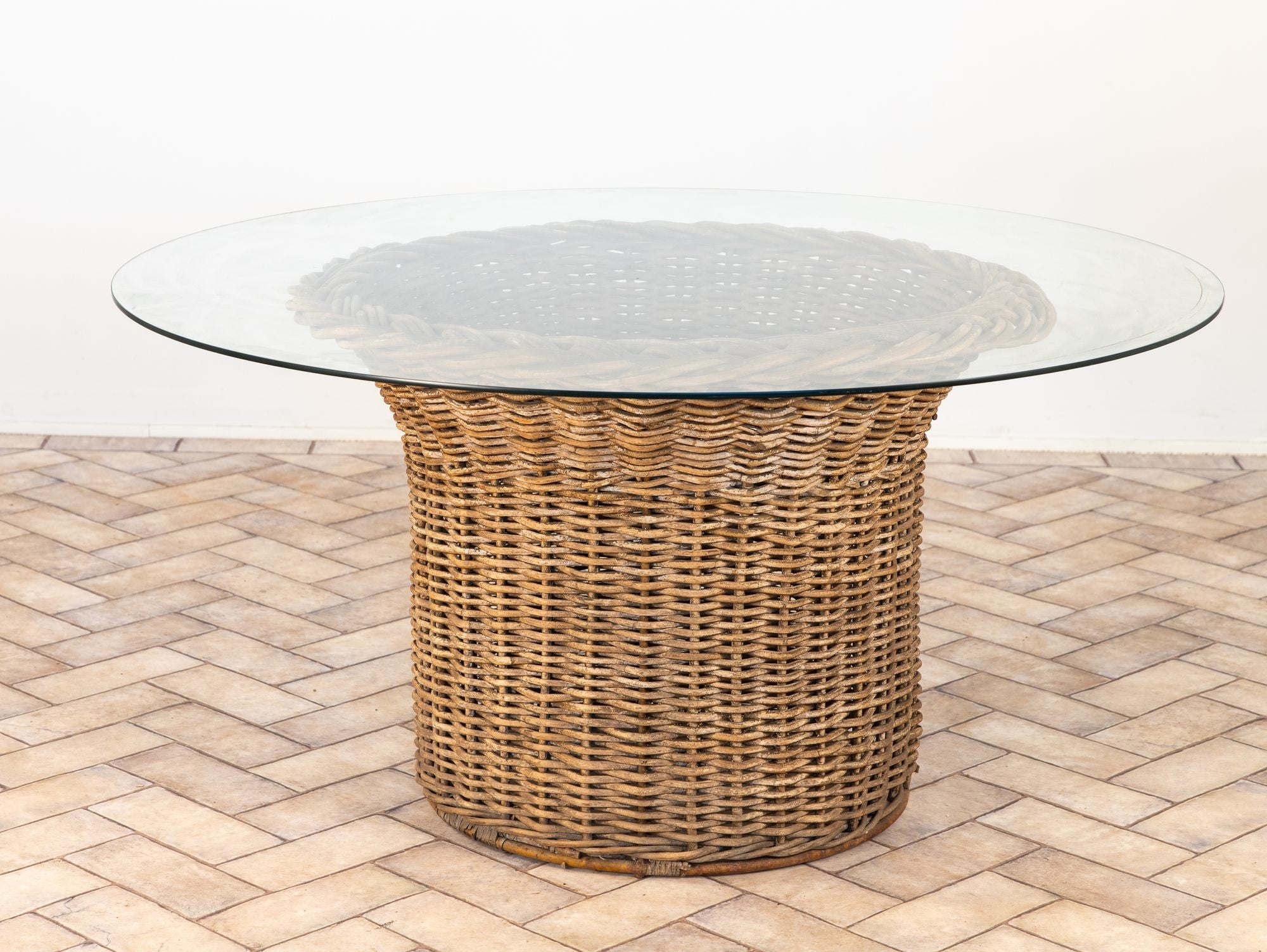 Vintage Round Wicker and Glass Side Table, France 1960s