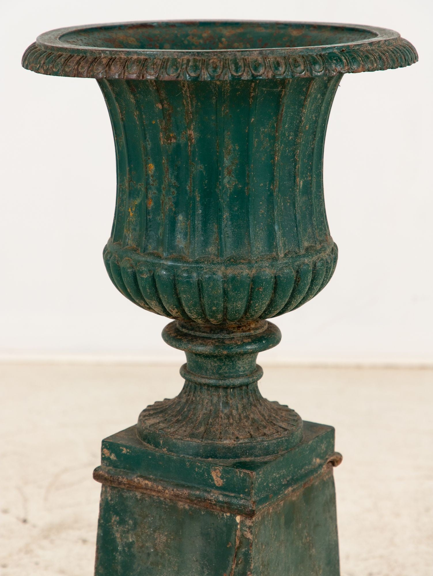 French Neoclassical Style Green Cast Iron Urn on Stand, Mid 20th C.