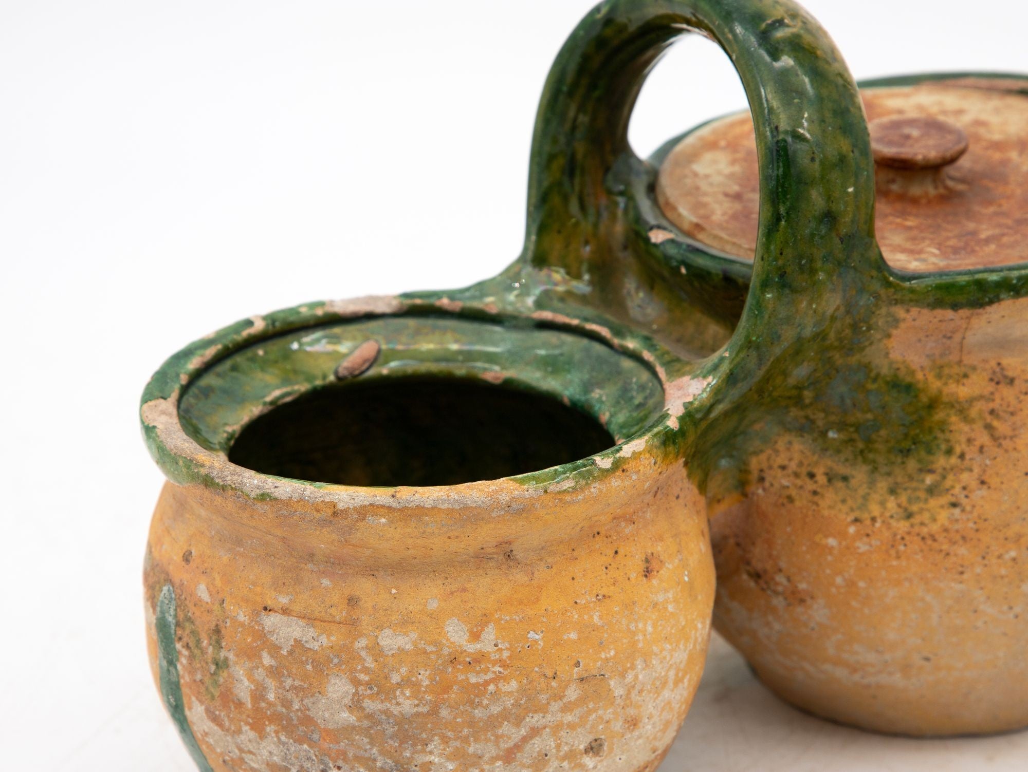 Green Glazed Shepherd&#39;s Lunch Holder with Bowls and Handle , France 19th C.