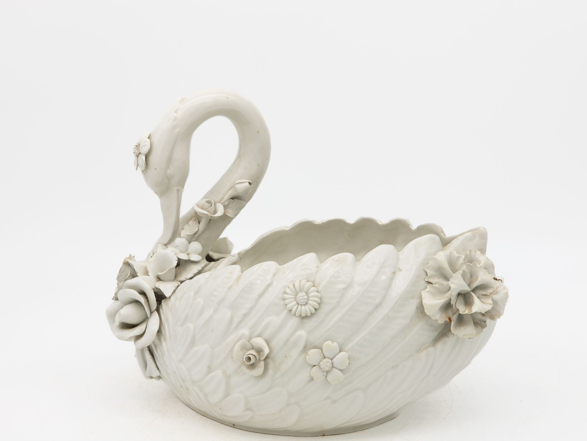 Italian Porcelain Swan Cachepot, Off White, Early 20th C.