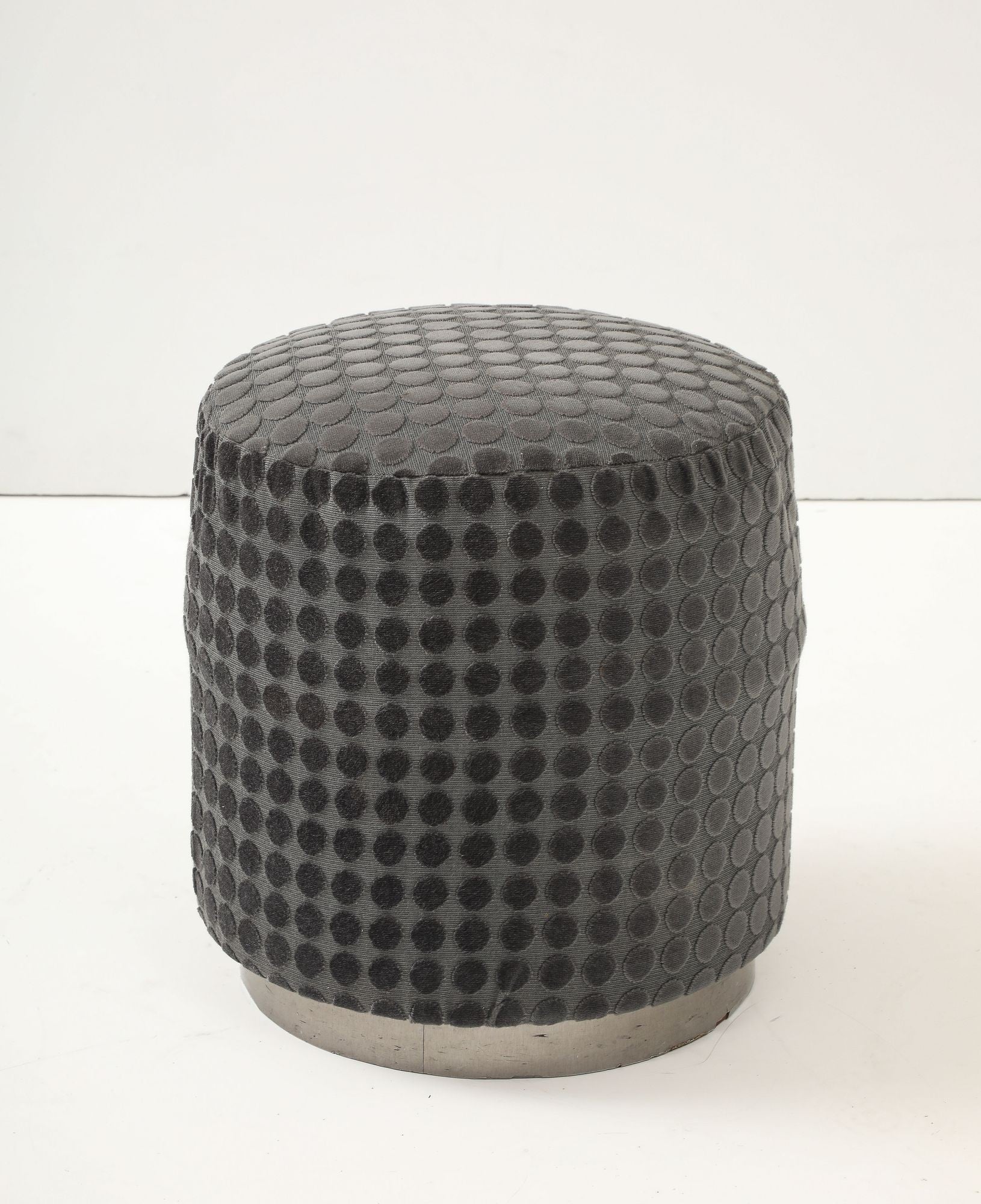Art Deco Round Textured Ottoman with Metal Base, French 1920s