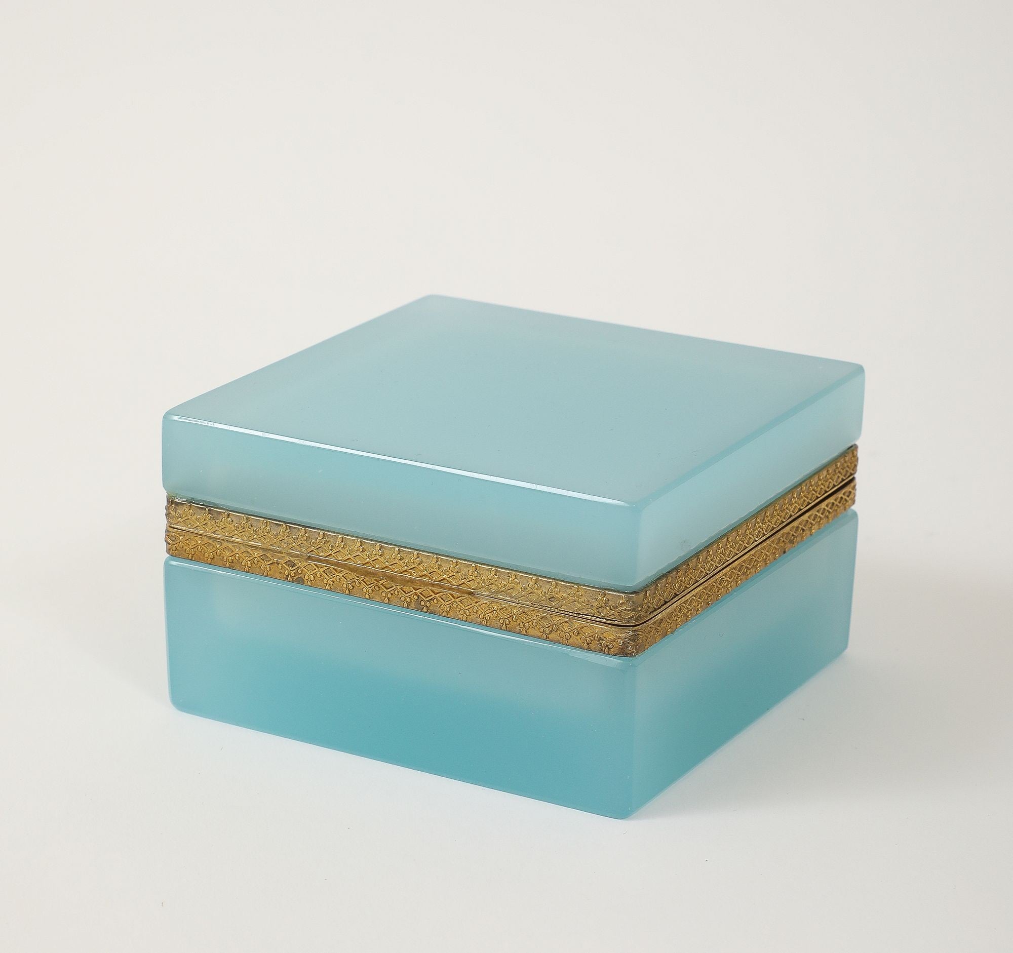 Antique French Robin&#39;s Egg Blue Opaline Square Box with Fancy Mounts, 1900
