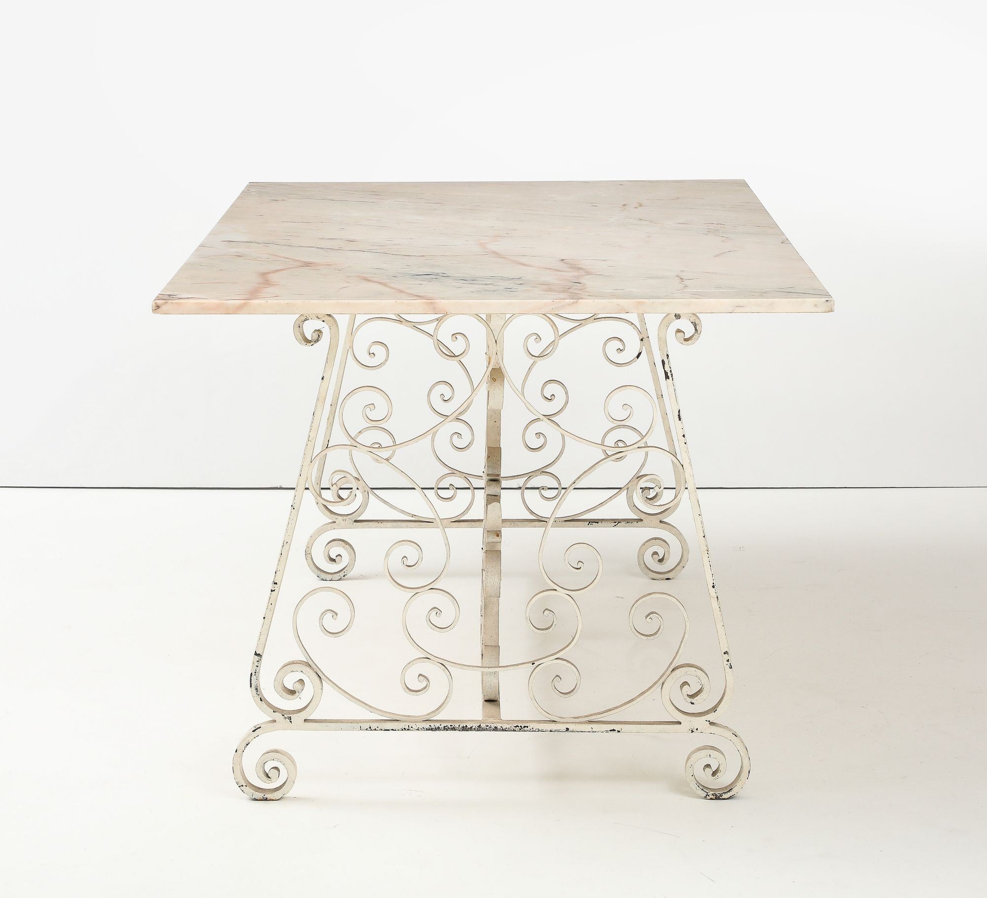Marble Top Scroll Work Metal Base Dining Table, England Mid 20th C.