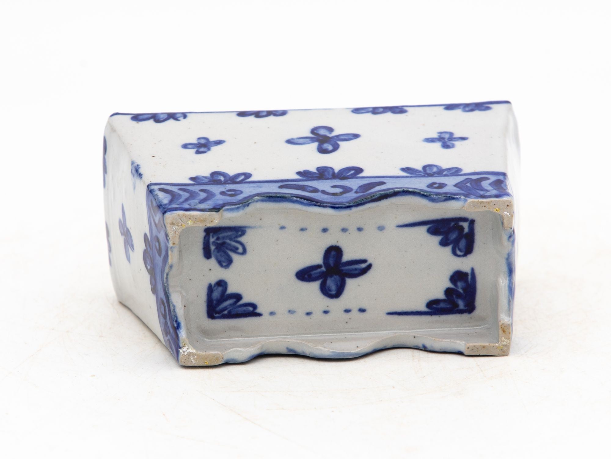 Dutch Delft Style Blue &amp; White Ceramic Flower Brick, France Early 20th C.