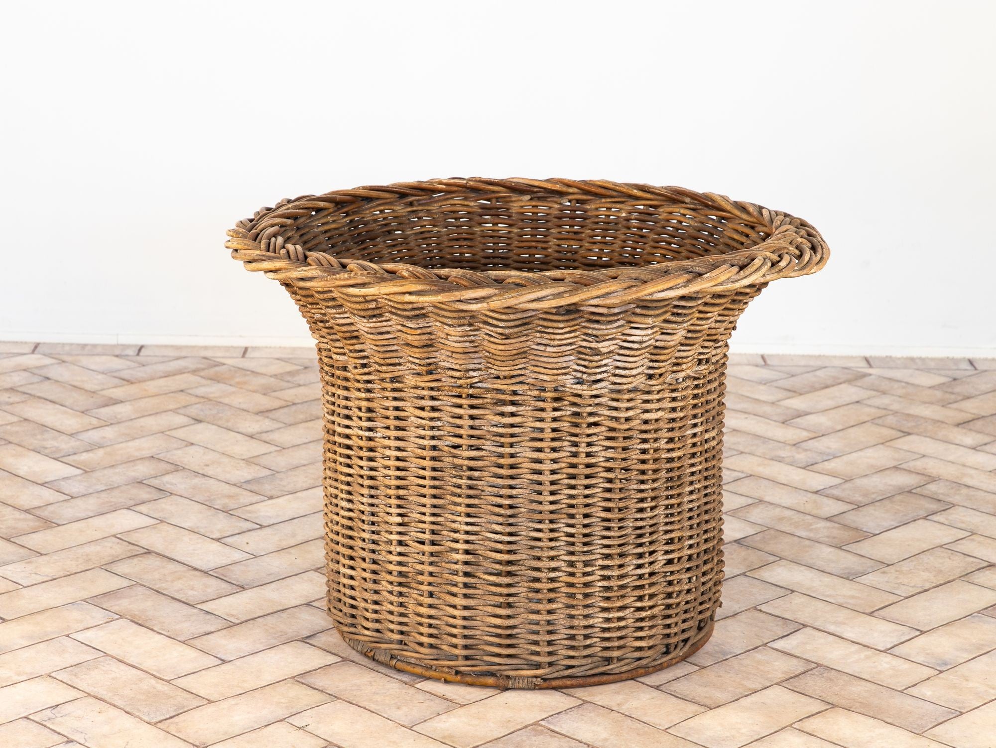 Vintage Round Wicker and Glass Side Table, France 1960s