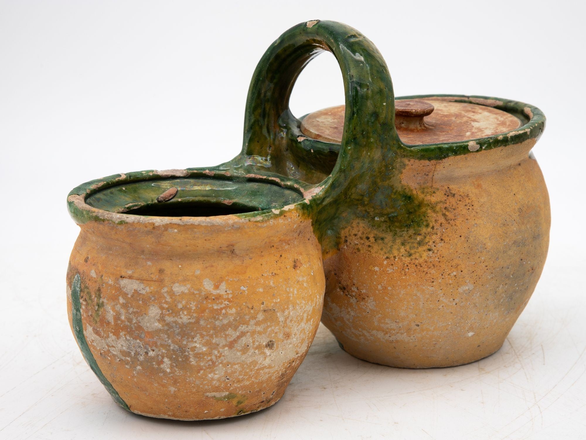 Green Glazed Shepherd&#39;s Lunch Holder with Bowls and Handle , France 19th C.