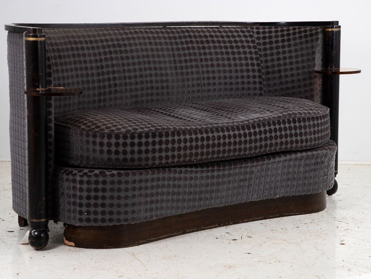 Art Deco Blue Velvet Sofa with Attached Lucite Drinks Tables, France 1930s