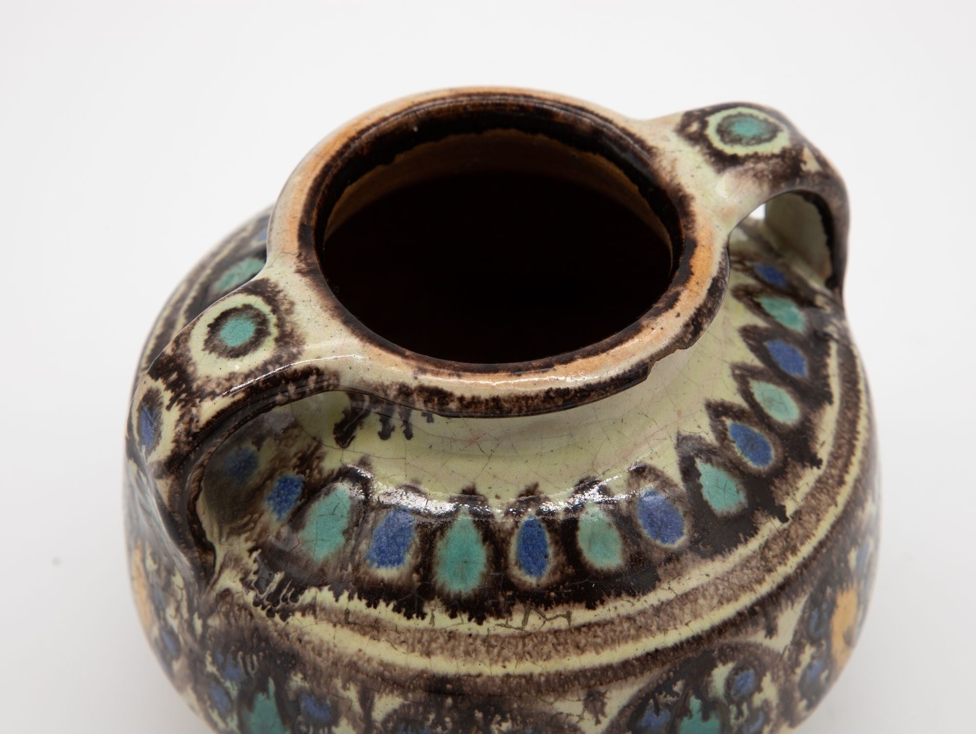 Brown, Blue, and Yellow Two Handled Vase