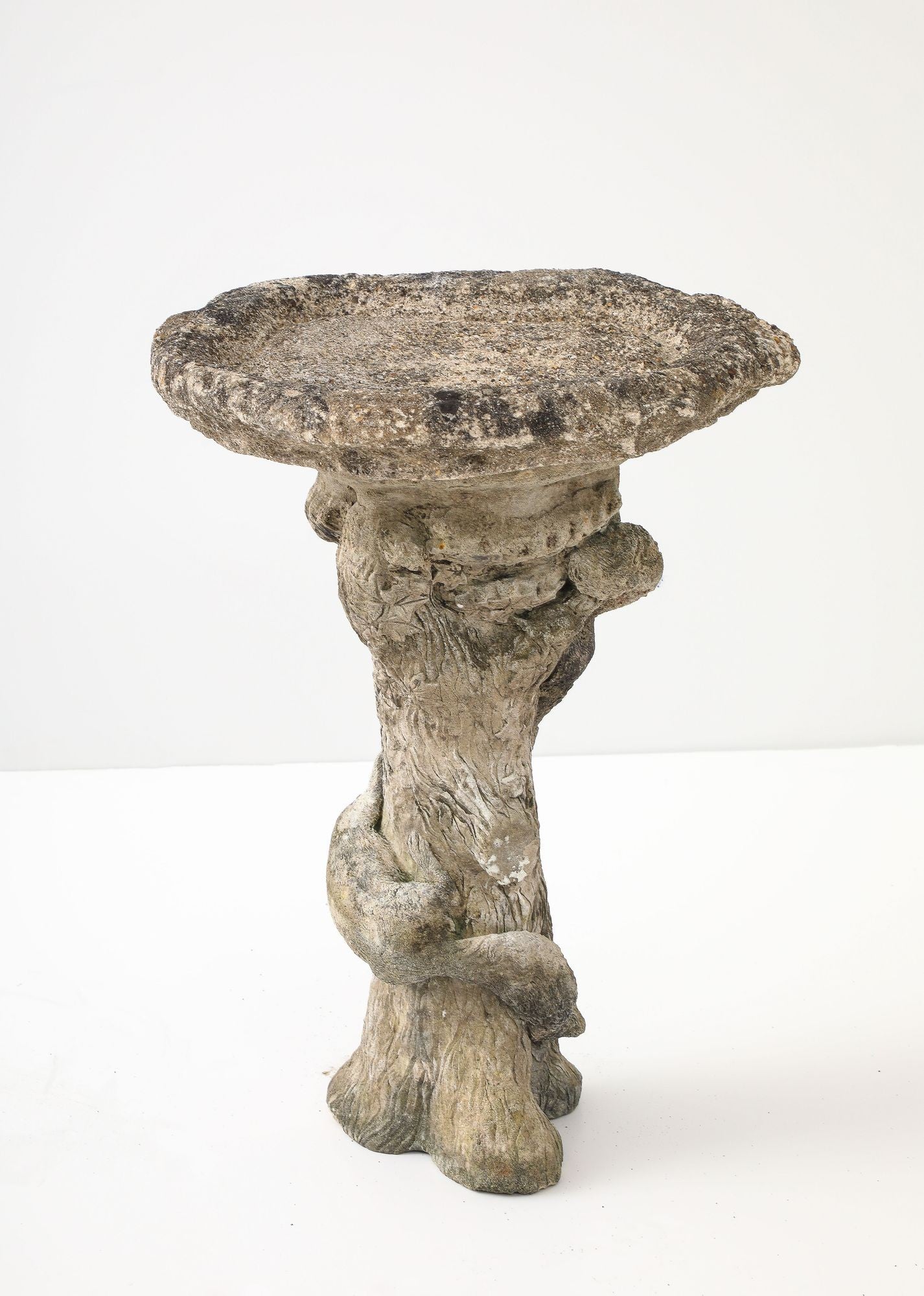 Composite Stone Faux Bois Birdbath with Squirrels Garden Ornament, English 20th C.
