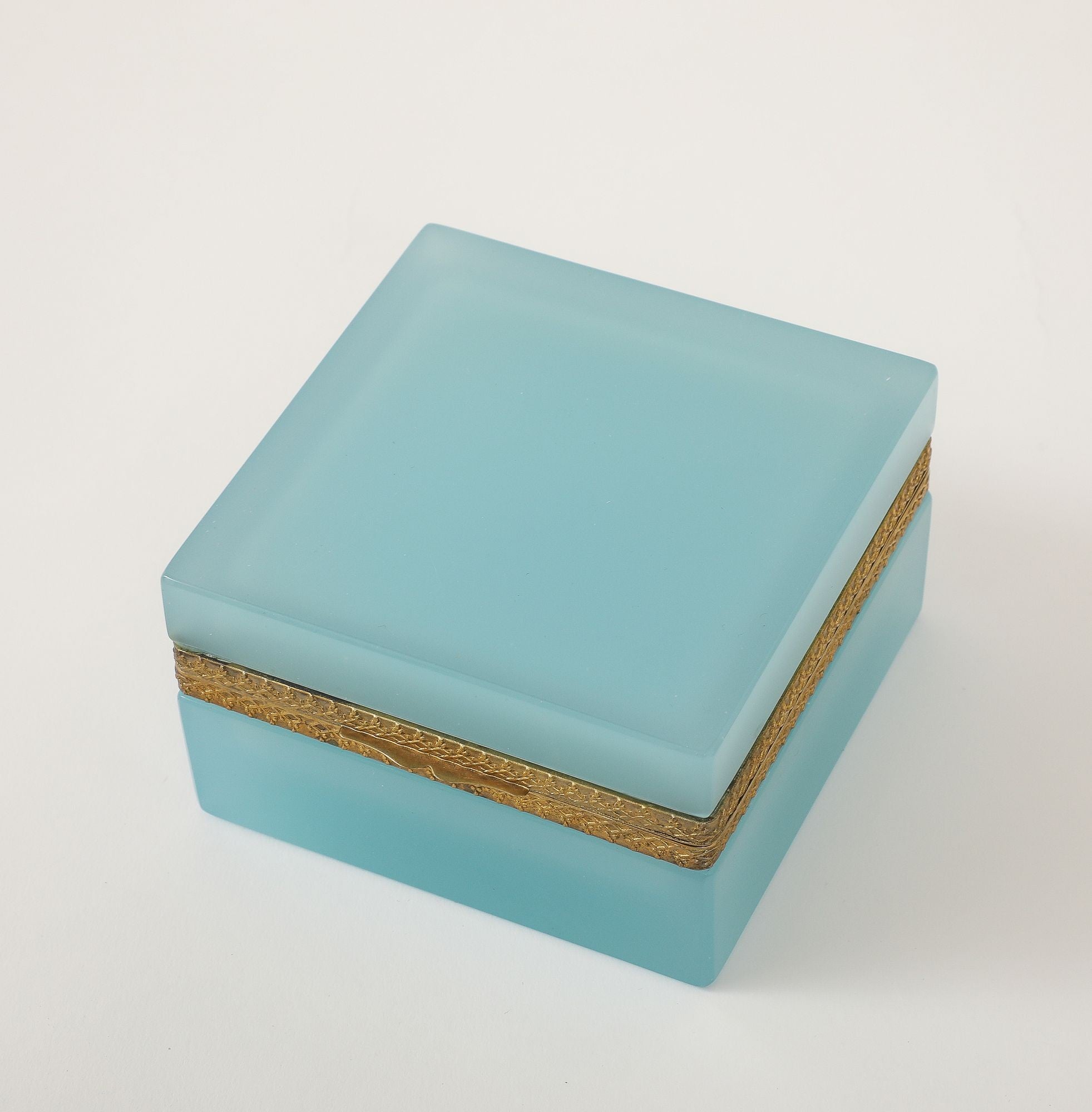 Antique French Robin&#39;s Egg Blue Opaline Square Box with Fancy Mounts, 1900