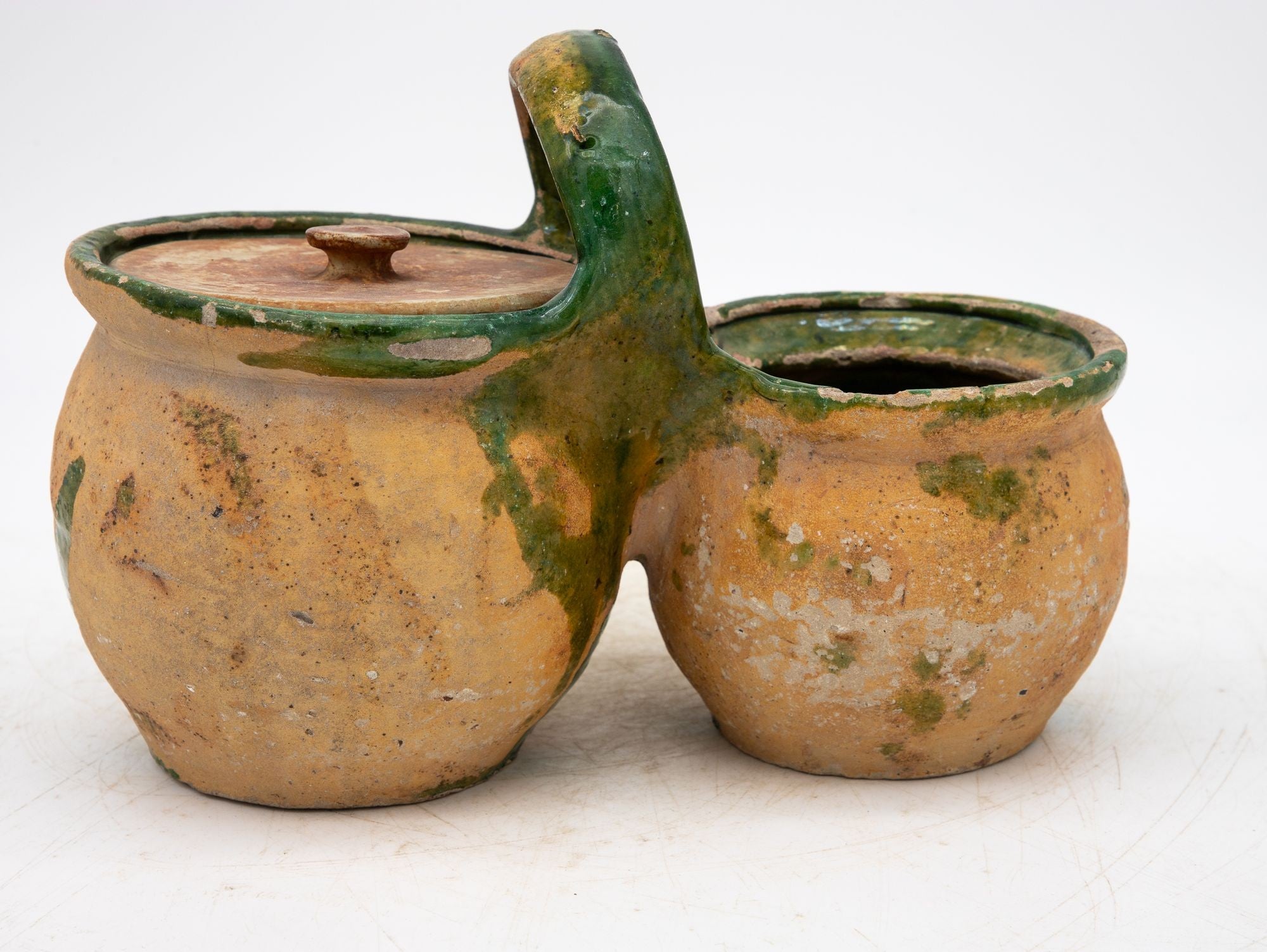 Green Glazed Shepherd&#39;s Lunch Holder with Bowls and Handle , France 19th C.