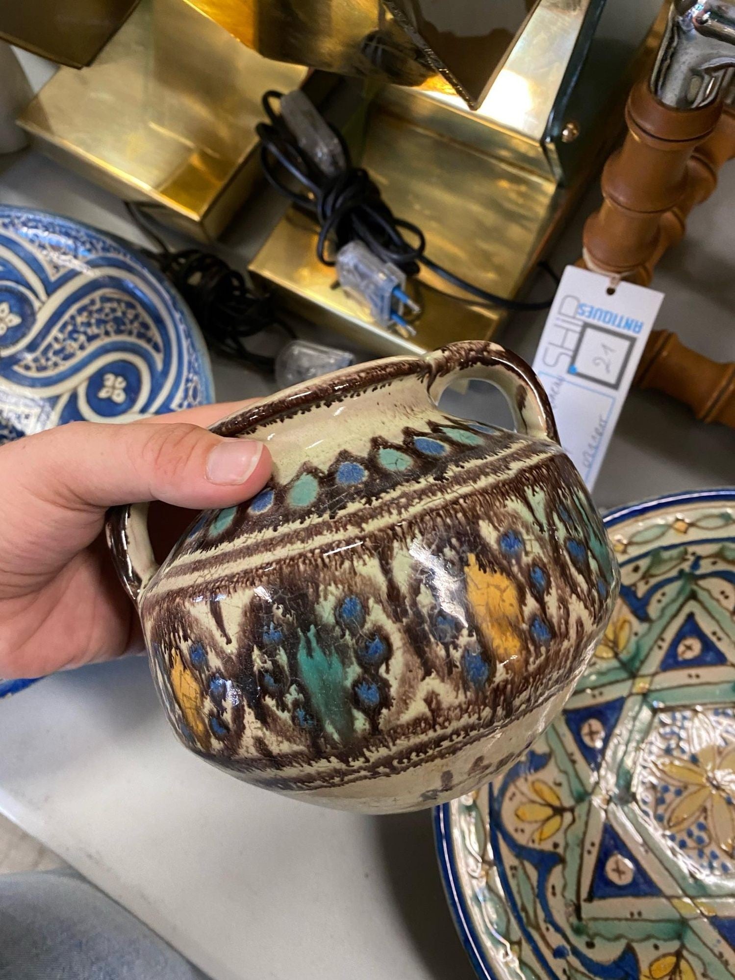Brown, Blue, and Yellow Two Handled Vase