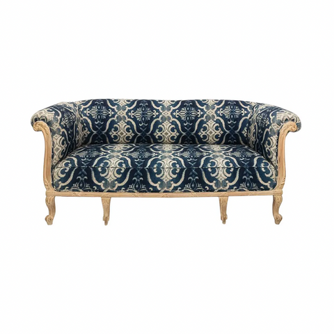 Antique French Chesterfield Sofa in Indigo Ikat Print Linen