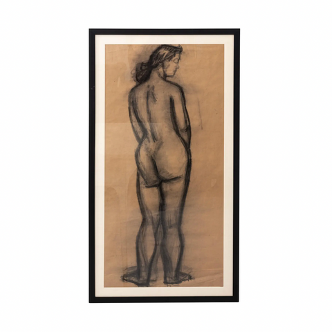 Early 20th Century Modern Standing Female Nude Figure Original Charcoal Drawing