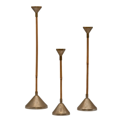 Set of three Bamboo and Brass Candlesticks