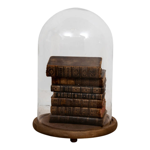 Leather Books in Glass Cloche