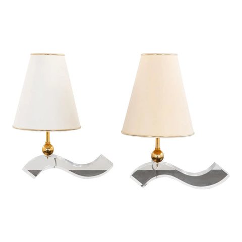 Sculptural Lucite and Brass Wavy Table Lamps