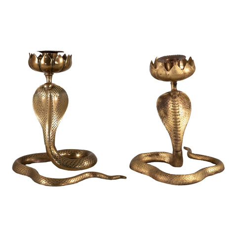 Pair Brass Cobra Candlesticks, mid 20th Century