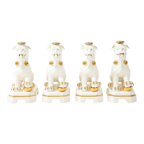 Set of Four Porcelain White & Gold Foo Dogs