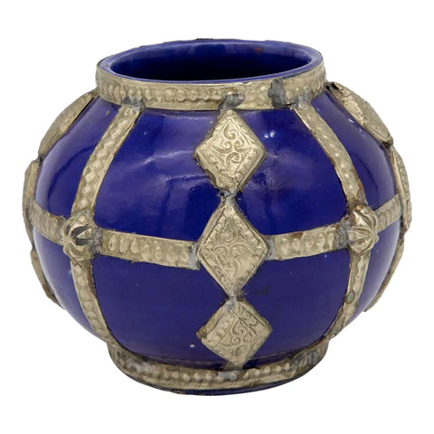 Vintage Blue Vase with Metal Overlay