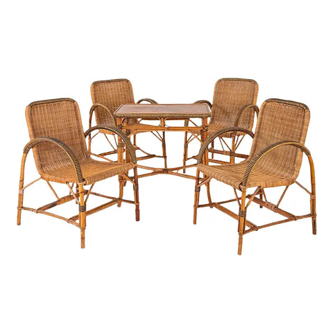 Vintage French Wicker Set of Four chairs and Table
